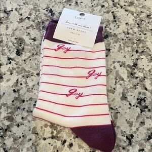 3/$25🛍️ LOFT White Crew Socks with “Joy” print, Pink Stripes Purple Accents NWT
